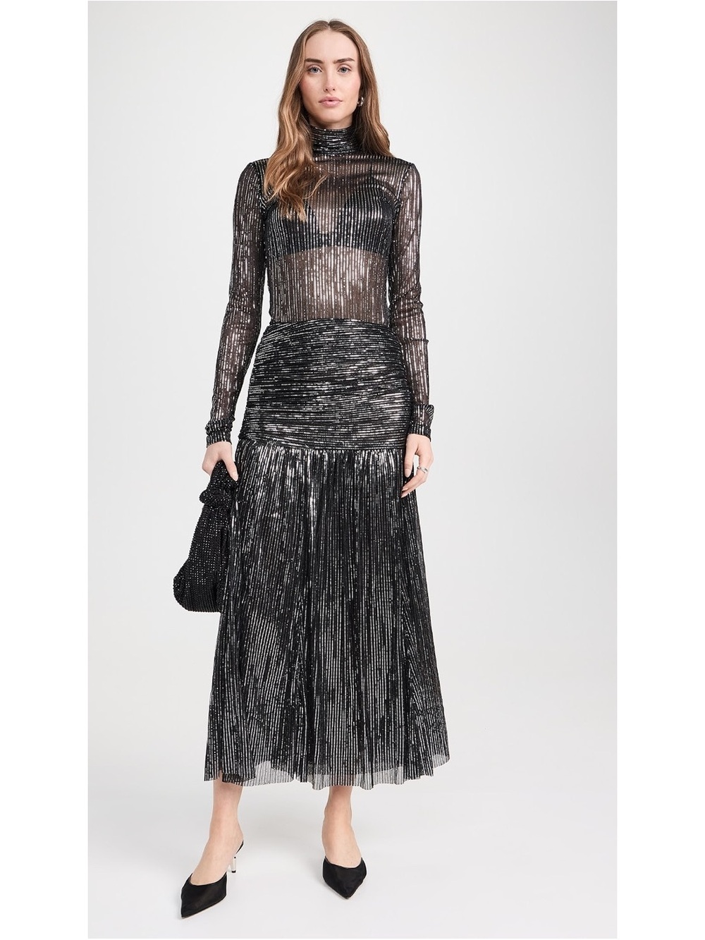 Sabina Musayev Lolite Drop Waist Sparkly Midi Skirt in Black Size X-Small Party